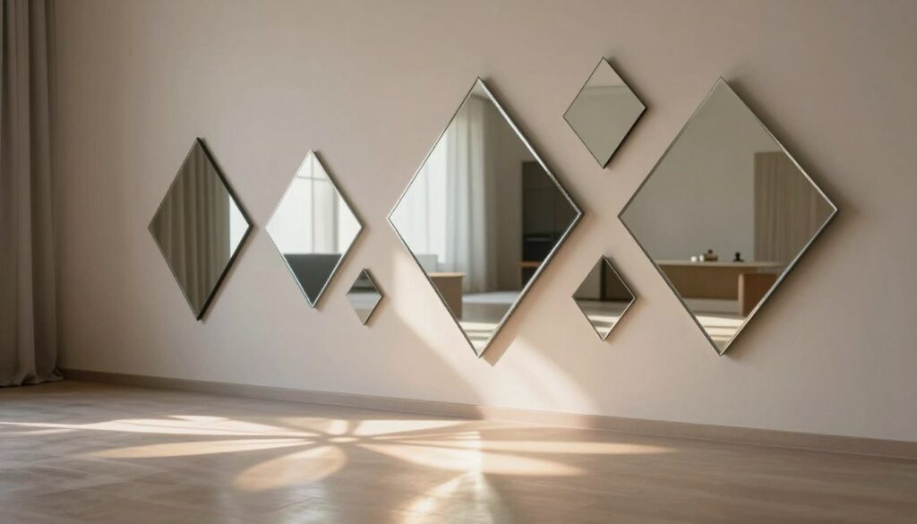 A stylish interior scene featuring a wall adorned with diamond-shaped mirrors, reflecting soft, diffused light. In the foreground, intricate light patterns dance across the floor, created by the unique facets of the mirrors. The middle ground showcases the diamond mirrors, each angled slightly to catch the light, with elegant detailing along their edges enhancing the perceived depth. The background features a minimalist, modern setting with neutral tones, creating an atmosphere of sophistication and lightness. The lighting is warm and inviting, captured using a wide-angle lens perspective, showing a blend of reflections that add an ethereal quality to the scene. A sense of tranquility and trendy elegance permeates the image, embodying contemporary design elements.