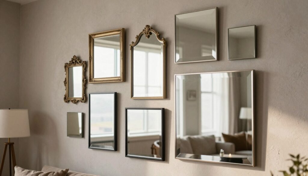 A stylish interior scene featuring an elegant arrangement of square mirrors on a textured wall, showcasing various designs and sizes. In the foreground, a beautifully crafted large square mirror with a minimalist frame reflects soft natural light. The middle ground includes smaller mirrors in different styles—some with ornate embellishments, others with sleek, modern lines—strategically placed to create an eye-catching composition. The background hints at a cozy living space with muted colors, highlighting the mirrors without distractions. The atmosphere is warm and inviting, suggesting a chic home setting. The lighting is soft and diffused, casting gentle shadows that enhance the mirrors' textures and details, creating a harmonious and inspiring visual appeal. A stylish interior scene featuring an elegant arrangement of square mirrors on a textured wall, showcasing various designs and sizes. In the foreground, a beautifully crafted large square mirror with a minimalist frame reflects soft natural light. The middle ground includes smaller mirrors in different styles—some with ornate embellishments, others with sleek, modern lines—strategically placed to create an eye-catching composition. The background hints at a cozy living space with muted colors, highlighting the mirrors without distractions. The atmosphere is warm and inviting, suggesting a chic home setting. The lighting is soft and diffused, casting gentle shadows that enhance the mirrors' textures and details, creating a harmonious and inspiring visual appeal.