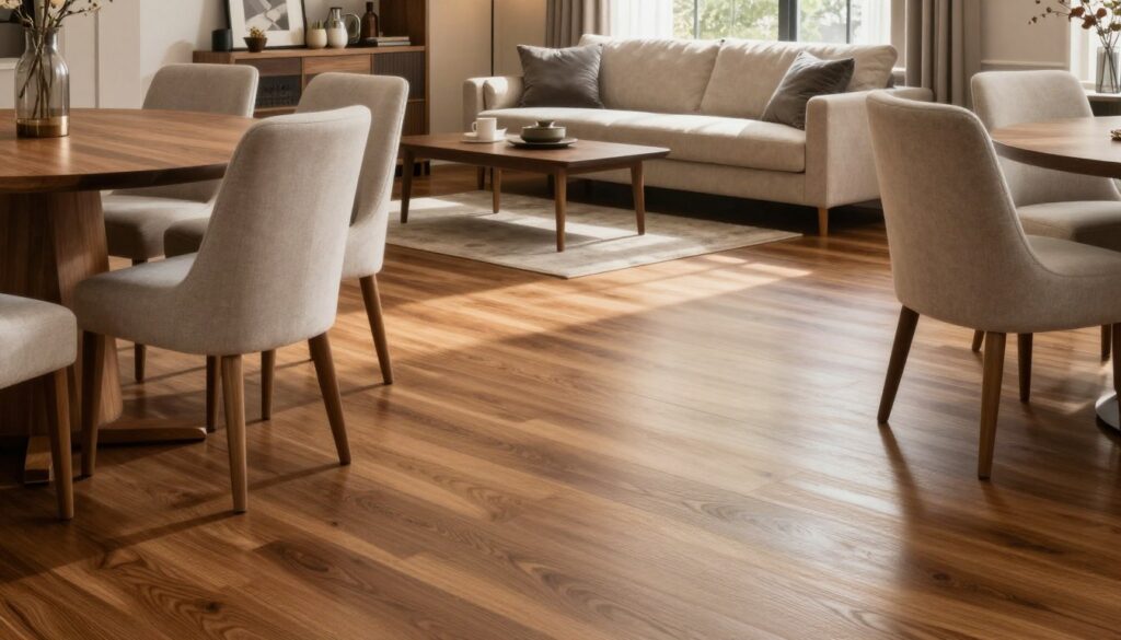 A stylish interior scene illustrating the harmony between floor color and furniture. In the foreground, showcase a beautifully crafted wooden table surrounded by elegant upholstered chairs in soft neutral tones. The middle area features a rich, polished hardwood floor with a warm, inviting hue that complements the furniture. In the background, a cozy living space with a comfortable sofa and tasteful decor creates a cohesive atmosphere. Natural light streams through large windows, casting soft shadows across the floor, enhancing the textures and colors. Aim for a serene and sophisticated mood, emphasizing the importance of selecting the right floor color to achieve visual unity in interior design.