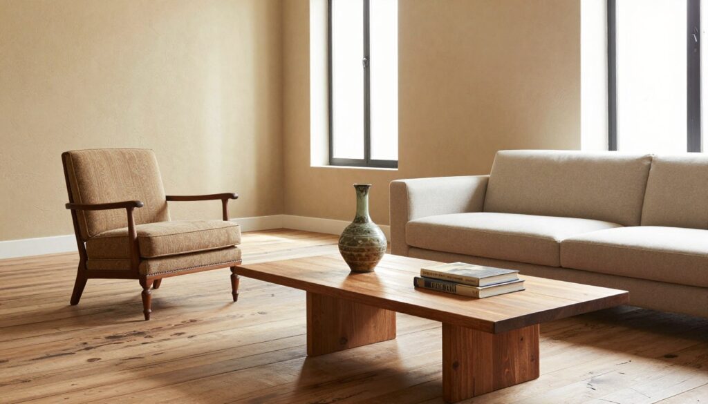 A stylish interior scene showcasing a harmonious blend of modern furniture and antiques. In the foreground, an elegant wooden coffee table adorned with a vintage vase and contemporary books. The middle ground features a well-lit lounge area with a vintage armchair paired with sleek, modern sofas, set against a backdrop of soft-colored walls. The walls exhibit a textured finish in warm beige tones, creating an inviting atmosphere. The flooring is a distressed wooden finish, adding depth and character to the space. Natural light streams in through large windows, casting soft shadows that enhance the warmth of the setting. The overall mood is sophisticated and serene, emphasizing the balance between classic and contemporary design.