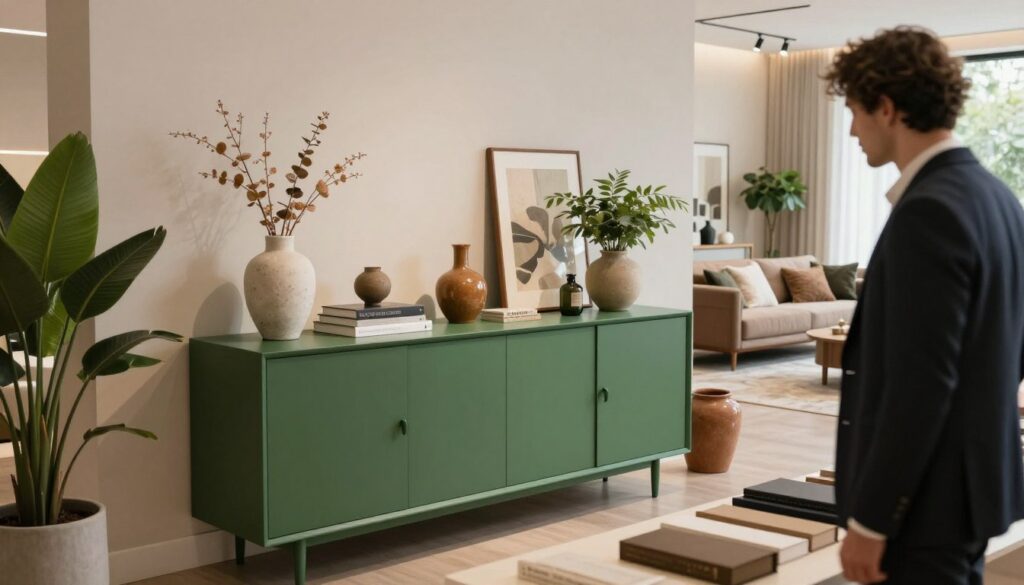 A stylish interior showcasing a green credenza as the focal point, surrounded by elegantly arranged decorative items like vases, books, and plants. In the foreground, a well-dressed individual examines various models of credenzas, focusing on their design and color options. The middle of the scene features a selection of credenzas in varying styles – modern, rustic, and vintage – displayed against a neutral wall. The background reveals a well-lit, tastefully decorated living space with warm lighting and contemporary furniture, creating an inviting atmosphere. The angle captures the depth of the room, emphasizing the importance of harmony in interior design. The mood is inspiring and aspirational, ideal for those seeking the perfect piece for their home.
