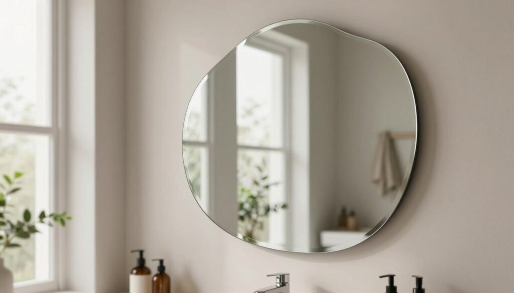 A stylish, irregularly shaped bathroom mirror with an organic, flowing silhouette, prominently displayed in a contemporary bathroom setting. The mirror features a sleek, polished frame that catches the subtle light from a nearby window, creating reflections that enhance the space's depth. In the foreground, the focus is on the mirror itself, while elegantly designed bathroom fixtures and minimalist decor occupy the middle ground. The background showcases soft, neutral-toned walls and decorative elements like houseplants, adding a touch of warmth. The scene is lit with soft, natural lighting, suggesting a calming, inviting atmosphere perfect for a modern bathroom. The angle highlights the mirror's unique shape and functional design, ensuring it stands out as a key accent piece in the room.