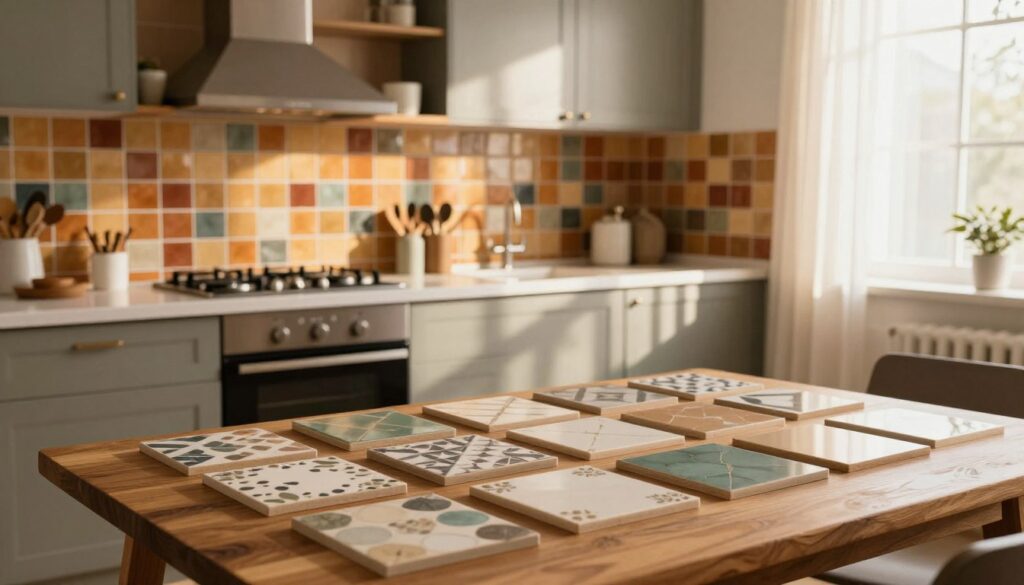 A stylish kitchen interior showcasing a harmonious combination of wall tiles that match the overall design aesthetic. In the foreground, various tile samples of different colors and patterns are neatly arranged on a wooden table, inviting exploration. The middle ground features a well-designed kitchen set with sleek cabinetry, vibrant backsplash tiles, and an elegant countertop. The background highlights a sunlit window with sheer curtains, casting warm light across the space. The atmosphere is cozy and inviting, with a sense of practicality and beauty. Capture this scene with soft, natural lighting to enhance the textures of the tiles and materials, utilizing a slightly elevated angle to provide a comprehensive view of the kitchen’s design and arrangement. A stylish kitchen interior showcasing a harmonious combination of wall tiles that match the overall design aesthetic. In the foreground, various tile samples of different colors and patterns are neatly arranged on a wooden table, inviting exploration. The middle ground features a well-designed kitchen set with sleek cabinetry, vibrant backsplash tiles, and an elegant countertop. The background highlights a sunlit window with sheer curtains, casting warm light across the space. The atmosphere is cozy and inviting, with a sense of practicality and beauty. Capture this scene with soft, natural lighting to enhance the textures of the tiles and materials, utilizing a slightly elevated angle to provide a comprehensive view of the kitchen’s design and arrangement.