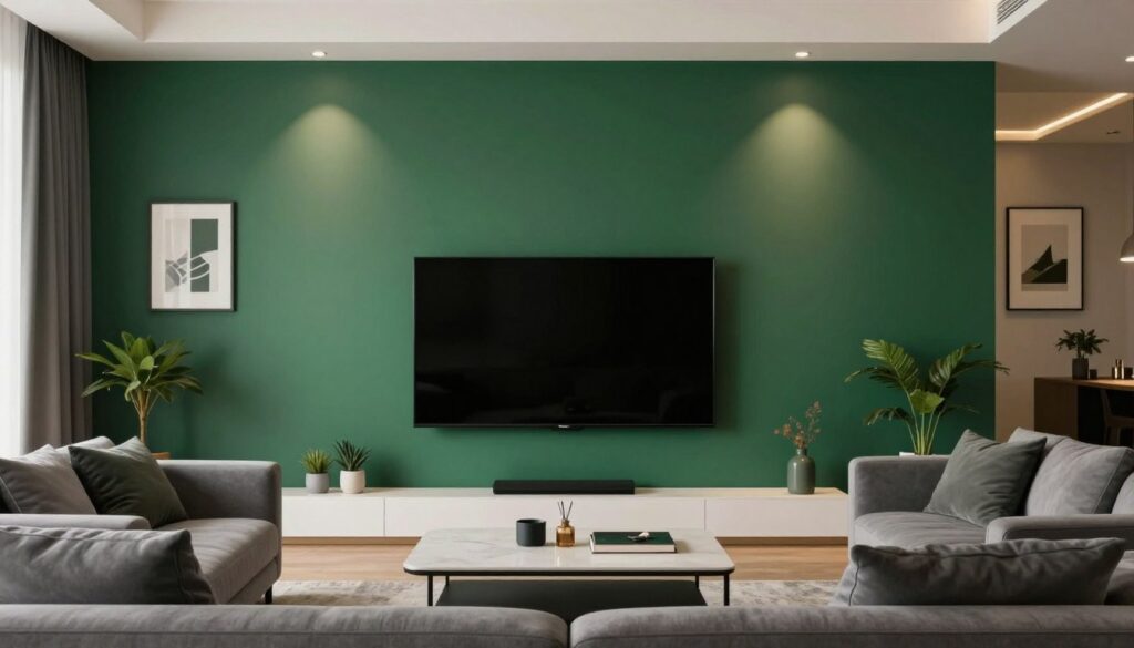 A stylish living room featuring a stunning feature wall behind a modern television. The wall is painted in a deep emerald green, providing a rich, dramatic backdrop that enhances the sleek black TV. Soft, warm lighting illuminates the space, casting gentle shadows and highlighting the texture of the wall. In the foreground, a plush gray sofa with elegant cushions invites relaxation, while a minimalist coffee table adds a touch of sophistication. Decorative elements like framed artwork and potted plants in the background complement the serene atmosphere. This arrangement exudes a sense of harmony and sophistication, showcasing how color and materials can elevate a stylish interior design. Capture the scene with a wide-angle lens to encompass the full ambiance of the room.