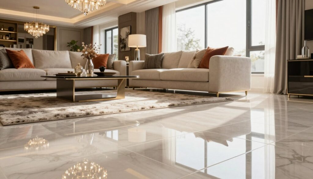 A stylish living room featuring glossy tiles, reflecting light beautifully across the floor. In the foreground, a modern coffee table is adorned with decorative items and a plush rug, enhancing the glam effect. The middle ground showcases a sleek sofa dressed in elegant fabric, accented with bold cushions. A chic chandelier hangs above, casting warm, inviting light throughout the space. In the background, large windows allow natural sunlight to flood the room, highlighting the sheen of the glossy tiles. The overall color palette is neutral with pops of color from decor, creating a sophisticated and luxurious atmosphere perfect for a glamorous setting. Photographed from a low angle to emphasize the glossy tiles, the scene captures the elegance and allure of a well-designed living room.