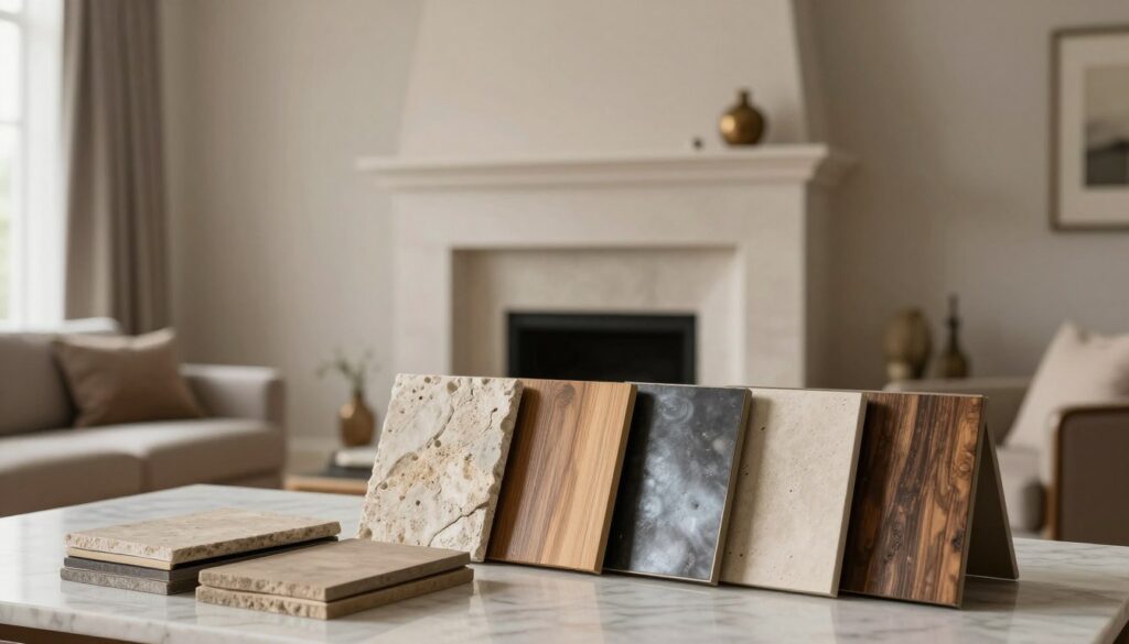 A stylish living room showcasing various materials used for chimney surrounds, featuring a modern and elegant design. In the foreground, display a selection of textured samples, such as stone, wood, and metal finishes, arranged aesthetically on a marble surface. The middle ground should include a contemporary chimney surround incorporating these materials, harmoniously blending into the room's decor with warm lighting that highlights the textures. In the background, a calming, neutral-colored wall complements the scene, with soft, diffused natural light pouring in from a window, creating a cozy atmosphere. Emphasize the luxurious feel and versatility of these finishes, inviting viewers to imagine the possibilities for their own spaces.