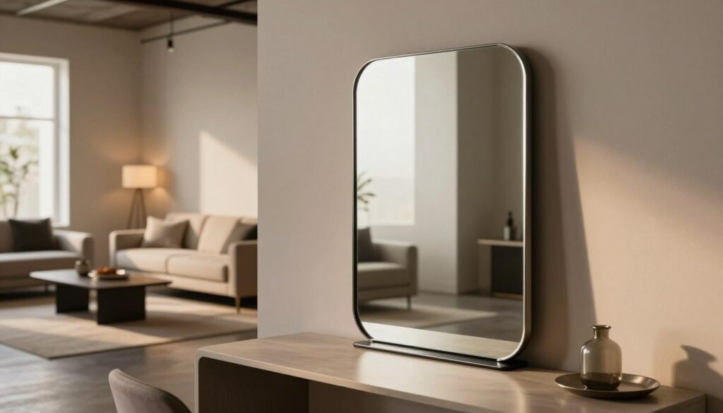 A stylish loft living room featuring a modern vanity mirror. In the foreground, showcase a sleek, elegantly designed mirror with a unique frame, reflecting quality craftsmanship and durability. The middle section should include minimalist furniture: a chic sofa, a coffee table, and subtle decorative elements that harmonize with the mirror's aesthetic. In the background, create a warm, inviting atmosphere with soft ambient lighting, casting gentle shadows that enhance the mirror's features. Use a wide-angle lens perspective to capture the entire room, emphasizing spaciousness and coherence in design. The mood should be sophisticated yet comfortable, embodying a sense of modern elegance and practicality, perfect for potential buyers contemplating their mirror selection.