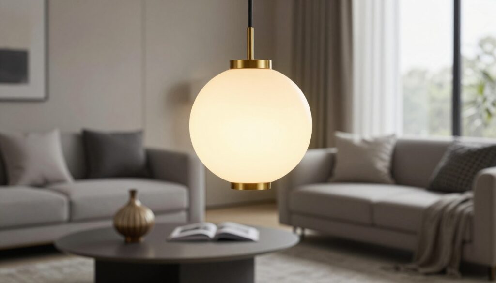 A stylish modern pendant lamp suspended in a contemporary living room setting. The lamp features a spherical design in polished brass with frosted glass globes, casting a warm, inviting light. In the foreground, the sleek, minimalistic furniture includes a plush gray sofa adorned with decorative cushions. The middle ground showcases a chic coffee table with a decorative vase and an open book. In the background, a large window allows natural light to filter in, illuminating soft neutral-colored walls. The mood is cozy and sophisticated, ideal for a living room designed for relaxation and elegance. The image is captured with a soft focus lens, enhancing the warm atmosphere and highlighting the lamp as the focal point of the scene.