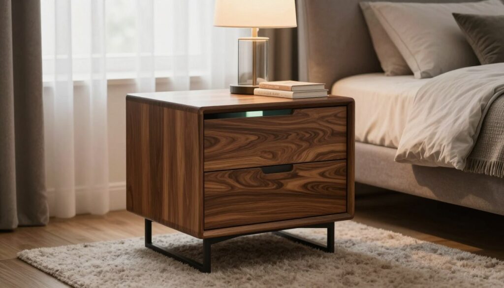A stylish nightstand design in a cozy bedroom setting, showcasing a variety of materials like wood, metal, and glass. Foreground features a beautifully crafted wooden nightstand with intricate details and a smooth finish, accented by a modern lamp and a small stack of books. The middle ground reveals a soft, plush rug beneath the nightstand, adding warmth to the scene. In the background, a softly lit window with sheer curtains allows natural light to filter in, creating a peaceful atmosphere. The overall mood is inviting and serene, perfect for a bedroom retreat. The image should be shot with a warm, diffused light, using a slight angle for depth, resembling a high-quality interior design photograph.