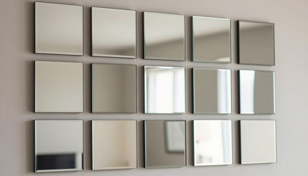A stylish wall composition featuring a harmonious arrangement of square mirrors in varying sizes and finishes. The foreground presents a close-up view of these mirrors reflecting soft, ambient light, creating a sense of depth. In the middle, the composition showcases a balanced layout with equal spacing between squares, emphasizing symmetry and modern aesthetics. The background features a minimalistic wall in a muted color, enhancing the mirrors' visual appeal. The mood is contemporary and chic, evoking a sense of sophistication. The lighting is bright yet soft, highlighting the geometric shapes without harsh shadows. Capture this scene from a slightly elevated angle to provide a clear perspective of the composition's overall impact. No text, signatures, or watermarks. A stylish wall composition featuring a harmonious arrangement of square mirrors in varying sizes and finishes. The foreground presents a close-up view of these mirrors reflecting soft, ambient light, creating a sense of depth. In the middle, the composition showcases a balanced layout with equal spacing between squares, emphasizing symmetry and modern aesthetics. The background features a minimalistic wall in a muted color, enhancing the mirrors' visual appeal. The mood is contemporary and chic, evoking a sense of sophistication. The lighting is bright yet soft, highlighting the geometric shapes without harsh shadows. Capture this scene from a slightly elevated angle to provide a clear perspective of the composition's overall impact. No text, signatures, or watermarks.