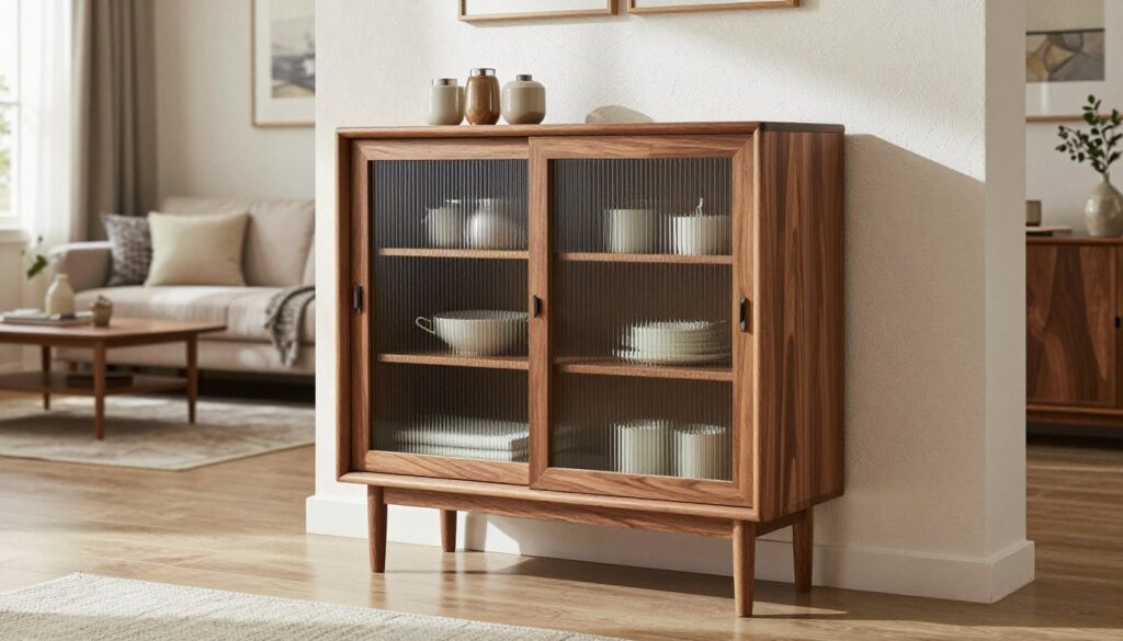 A stylish wooden "szafka" (cabinet) showcased in a well-lit, modern interior. In the foreground, the cabinet features an elegant design with frosted glass doors revealing neatly arranged decorative items behind them. The middle ground includes a beautifully arranged living space with soft, neutral tones contrasting with the rich wood finish of the cabinet. The background features a stylish wall with a textured wallpaper, complementing the cabinet's aesthetic. Natural light filters through a nearby window, casting gentle shadows that enhance the cabinet's structure, giving it depth. The atmosphere is inviting and contemporary, reflecting a chic and organized home environment, devoid of any human presence. A stylish wooden "szafka" (cabinet) showcased in a well-lit, modern interior. In the foreground, the cabinet features an elegant design with frosted glass doors revealing neatly arranged decorative items behind them. The middle ground includes a beautifully arranged living space with soft, neutral tones contrasting with the rich wood finish of the cabinet. The background features a stylish wall with a textured wallpaper, complementing the cabinet's aesthetic. Natural light filters through a nearby window, casting gentle shadows that enhance the cabinet's structure, giving it depth. The atmosphere is inviting and contemporary, reflecting a chic and organized home environment, devoid of any human presence.