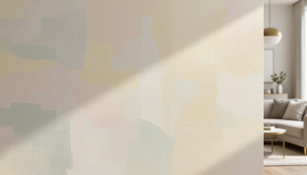 A textured wallpaper design that mimics canvas, showcasing a stylish and modern aesthetic. In the foreground, subtle patterns resembling brush strokes add depth to the vinyl texture, illuminated by soft, natural light that creates gentle shadows and highlights. The middle layer features a seamless transition of color tones, with shades of warm beige and soft pastel hues blending harmoniously. In the background, a minimalist interior setting includes elegant furniture and decorative elements that suggest a contemporary living space, enhancing the inviting atmosphere. The image should evoke a sense of sophistication and creativity, emphasizing the wallpaper's versatility for stylish wall arrangements without any text or logos.