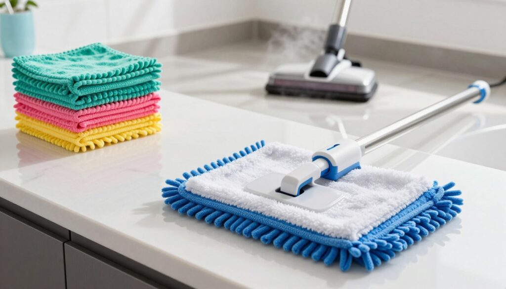 A tidy, well-organized cleaning kit featuring vibrant and fluffy microfiber cloths in various colors, neatly arranged on a sleek countertop. In the foreground, prominently display a soft microfiber mop with a detachable pad, glistening under bright, natural lighting. The middle ground includes a modern steam mop with a sleek design, emitting a light mist, indicating its functionality. In the background, showcase a clean and shiny glazed porcelain floor, reflecting the tools used for its maintenance. The atmosphere is fresh and inviting, emphasizing cleanliness and efficiency. Use a wide-angle lens to capture the entire scene, ensuring a bright and cheerful mood. A tidy, well-organized cleaning kit featuring vibrant and fluffy microfiber cloths in various colors, neatly arranged on a sleek countertop. In the foreground, prominently display a soft microfiber mop with a detachable pad, glistening under bright, natural lighting. The middle ground includes a modern steam mop with a sleek design, emitting a light mist, indicating its functionality. In the background, showcase a clean and shiny glazed porcelain floor, reflecting the tools used for its maintenance. The atmosphere is fresh and inviting, emphasizing cleanliness and efficiency. Use a wide-angle lens to capture the entire scene, ensuring a bright and cheerful mood.