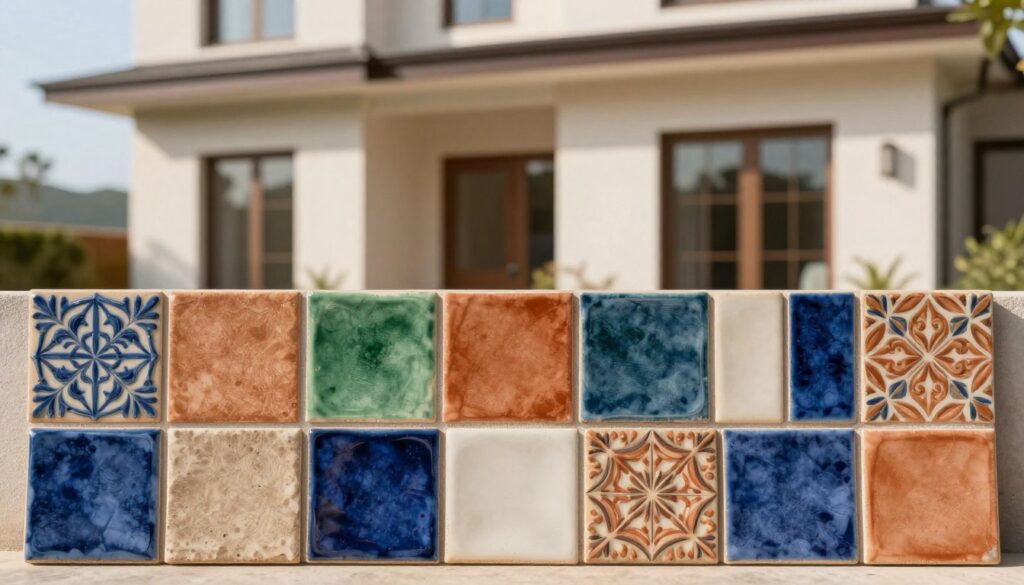 A vibrant and artistic representation of a collection of ceramic tiles designed for building facades. In the foreground, showcase a variety of tiles in different shapes, colors, and textures, highlighting rich hues like deep blues, earthy greens, and warm terracottas. Some tiles should display intricate patterns, while others are smooth and minimalistic. In the middle ground, arrange these tiles as if they are part of a stylish home exterior, ideally positioned against a well-lit section of a modern house facade. In the background, hint at a serene landscape with soft, natural lighting to convey a welcoming atmosphere. The composition should evoke a sense of harmony between color and texture, emphasizing the aesthetic impact on architectural design.