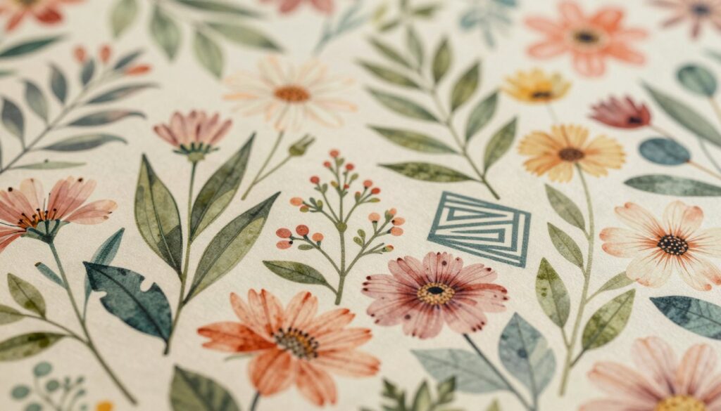 A vibrant composition featuring an intricate pattern of flowers and leaves, showcasing both botanical and geometric designs. In the foreground, a variety of colorful blossoms with delicate petals, mixed with lush green leaves, create a lively tapestry. The middle ground harmonizes these organic elements with abstract geometrical shapes, enhancing the overall pattern's complexity. The background subtly fades to a soft pastel color, allowing the floral and leaf motifs to stand out. Warm, natural lighting bathes the scene, emphasizing the textures of the plants and the sharp lines of the geometrical patterns. The atmosphere is inviting and serene, capturing a sense of elegance and aesthetic charm suitable for wallpaper designs.