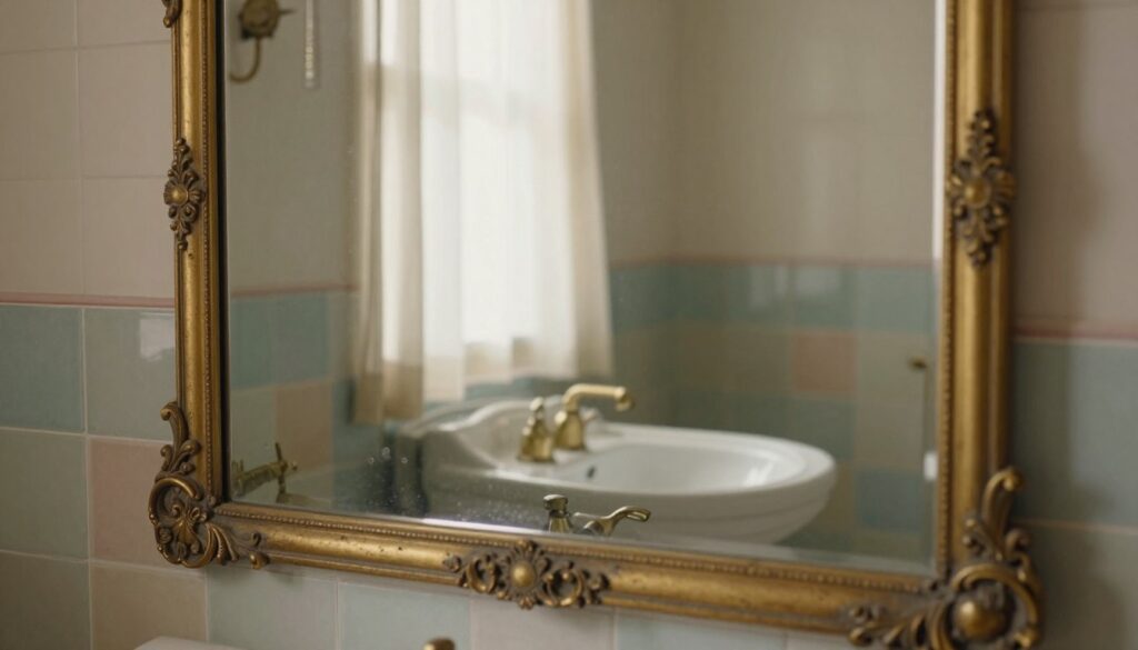A vintage bathroom mirror with an ornate, aged gold frame, elegantly reflecting soft, diffused ambient light. The foreground features the mirror, showcasing intricate carvings and a slightly tarnished glass surface, suggesting a rich history. In the middle ground, a stylishly retro bathroom setup includes vintage tiles in muted pastel colors and a delicate porcelain sink adorned with brass fittings. The background reveals light, airy curtains filtering natural sunlight, creating a warm, inviting atmosphere. The image captures a nostalgic, timeless feel, evoking a sense of comfort and elegance without overwhelming kitsch. The overall mood is serene and refined, perfect for appreciating the subtle charm of vintage design.