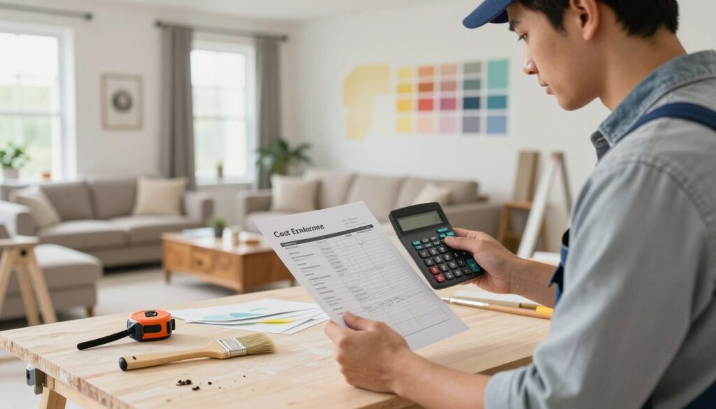 A well-designed interior scene showcasing a home renovation setting. In the foreground, a focused view of a professional contractor in smart casual attire examining a cost estimate sheet with a calculator in hand, displaying concentration. The middle ground features a partially renovated living room with paint samples on a wall and various tools like a measuring tape and paintbrushes scattered on a neatly organized workbench. In the background, soft natural light filters through large windows, illuminating an appealing blend of modern and traditional furniture. The ambiance conveys a sense of professionalism and trust, ideal for illustrating renovation cost comparisons, with a clean and inviting atmosphere. Emphasize clarity and detail in the textures of the furniture and renovation materials.