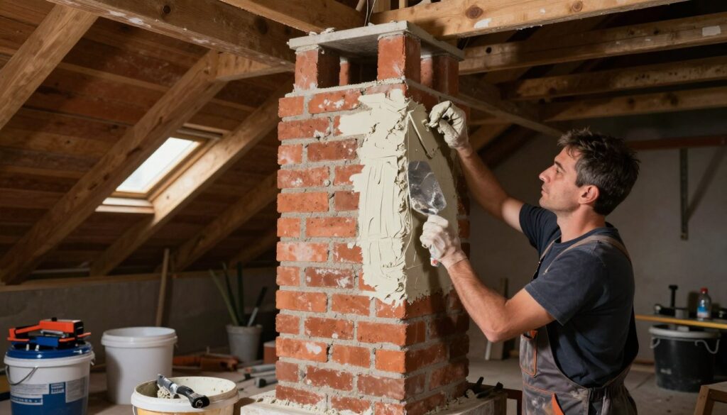 A well-equipped construction worker in professional attire carefully applying plaster to a brick chimney in an attic setting. The foreground showcases the worker’s focused expression as they use a trowel, with freshly mixed plaster being expertly smoothed onto the chimney’s surface. In the middle ground, the brick chimney stands tall, framed by wooden beams and tools scattered around, such as buckets and mixing equipment. The background shows dim ambient lighting filtering through a small window, creating a warm, industrious atmosphere. The angle captures the action from slightly below, emphasizing the height of the chimney and the expertise involved in the plastering process.
