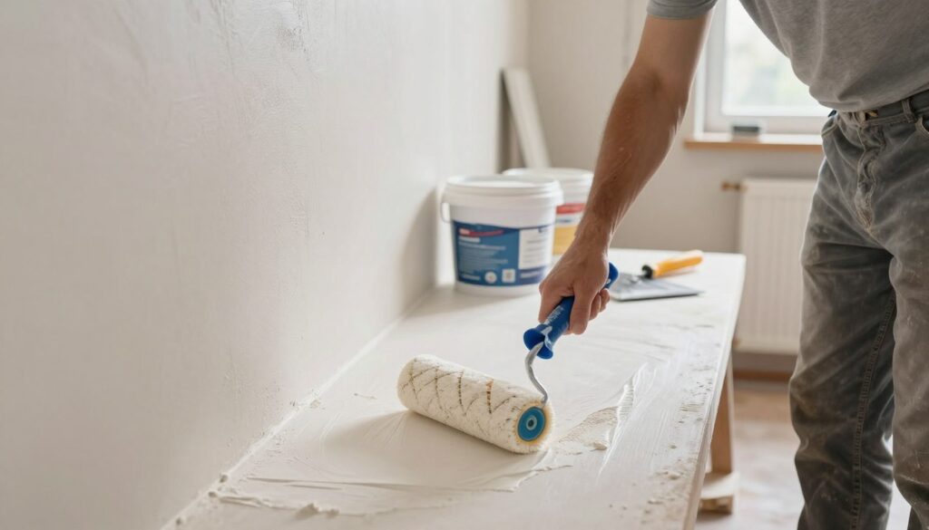 A well-lit, detailed scene showcasing the preparation of a gypsum plaster surface before applying the finish coat. In the foreground, a professional in modest casual clothing is applying a primer with a roller, demonstrating technique and precision. The middle ground features neatly arranged tools like a putty knife, bucket of primer, and a textured gypsum wall, highlighting the steps involved in ensuring a smooth surface. The background includes a clean, well-organized workspace, with subtle natural light streaming in through a window, creating a warm and inviting atmosphere. The image conveys a sense of professionalism and careful craftsmanship, suitable for an instructional context.