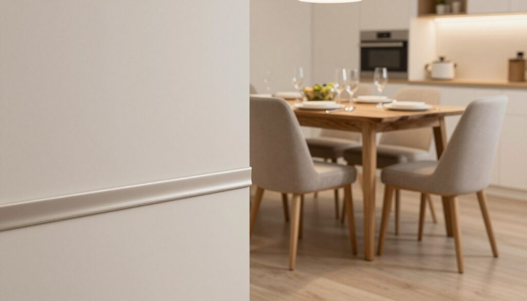 A well-lit dining area featuring stylish wall protection strips (listwy) that blend seamlessly with the decor. In the foreground, a sleek, modern wall protector with a neutral color, elegantly designed, running along the bottom of a light-colored wall, showcasing its protective qualities. In the middle, a wooden dining table set for a meal, surrounded by four comfortable dining chairs, demonstrating an inviting atmosphere. The background includes a subtle detail of a kitchen space with soft, warm lighting enhancing the cozy vibe. The perspective is slightly elevated, capturing the elegance of the space while emphasizing the functional aspect of the wall protectors. The atmosphere is serene and inviting, perfect for family gatherings, ensuring a safe dining experience.