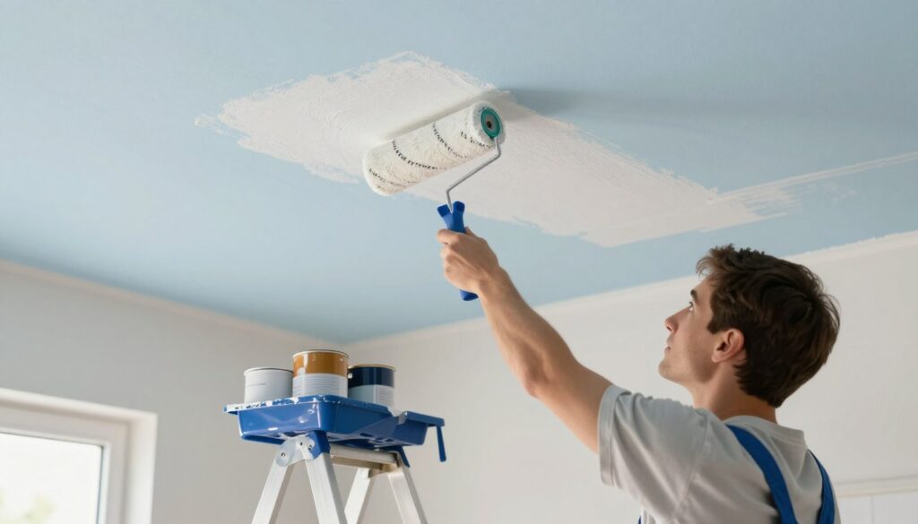 A well-lit indoor scene depicting a person painting a ceiling using a roller. The foreground features a neatly dressed individual wearing modest clothing, focused on applying white paint smoothly with a roller on a light blue ceiling. The middle ground shows a well-organized space with a ladder, paint tray, and paint cans. The background highlights soft shadows and natural light coming from a window, creating a warm, inviting atmosphere. The angle should emphasize the roller’s movement, showing the technique to avoid streaks. The overall mood is professional, showcasing the importance of skill and preparation in achieving a clean finish.