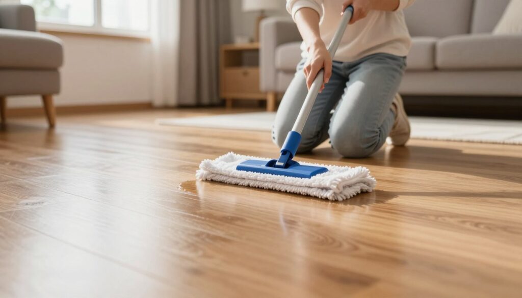 A well-lit indoor scene showcasing a person in modest casual clothing cleaning a wooden floor. The foreground features a wooden floor glistening with a safe cleaning solution, reflecting soft light. In the middle ground, a person is kneeling on the floor, using a microfiber mop with gentle, sweeping motions to avoid streaks. The background displays a cozy, warmly decorated living room with natural light streaming through a window, casting a serene ambiance. The overall mood conveys cleanliness and care, highlighting the importance of maintaining wooden surfaces. The lens should capture a dynamic angle that showcases both the cleaning process and the beautiful wooden texture of the floor. A well-lit indoor scene showcasing a person in modest casual clothing cleaning a wooden floor. The foreground features a wooden floor glistening with a safe cleaning solution, reflecting soft light. In the middle ground, a person is kneeling on the floor, using a microfiber mop with gentle, sweeping motions to avoid streaks. The background displays a cozy, warmly decorated living room with natural light streaming through a window, casting a serene ambiance. The overall mood conveys cleanliness and care, highlighting the importance of maintaining wooden surfaces. The lens should capture a dynamic angle that showcases both the cleaning process and the beautiful wooden texture of the floor.