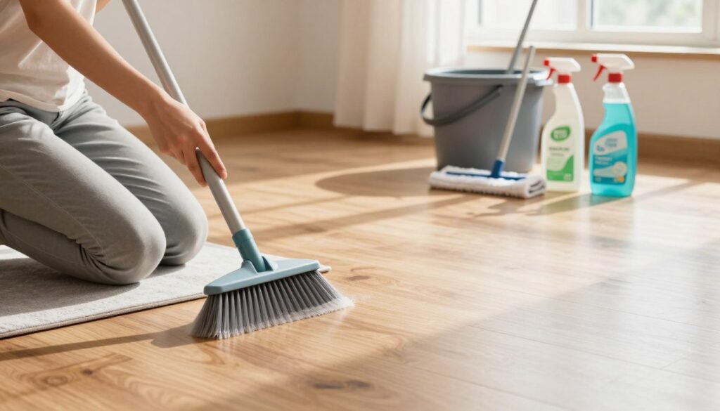 A well-lit indoor scene showcasing the preparation of a floor before cleaning laminate panels. In the foreground, a person wearing modest casual clothing is kneeling on a soft mat, gently sweeping dust with a broom. Midground elements include a variety of cleaning supplies such as a bucket, a microfiber mop, and eco-friendly floor cleaner arranged neatly. The background features polished laminate flooring reflecting warm natural light streaming through a window, enhancing the atmosphere of cleanliness and readiness. Soft shadows play across the floor, adding depth to the scene. The overall mood is serene and organized, highlighting the importance of preparation in cleaning without streaks. A well-lit indoor scene showcasing the preparation of a floor before cleaning laminate panels. In the foreground, a person wearing modest casual clothing is kneeling on a soft mat, gently sweeping dust with a broom. Midground elements include a variety of cleaning supplies such as a bucket, a microfiber mop, and eco-friendly floor cleaner arranged neatly. The background features polished laminate flooring reflecting warm natural light streaming through a window, enhancing the atmosphere of cleanliness and readiness. Soft shadows play across the floor, adding depth to the scene. The overall mood is serene and organized, highlighting the importance of preparation in cleaning without streaks.