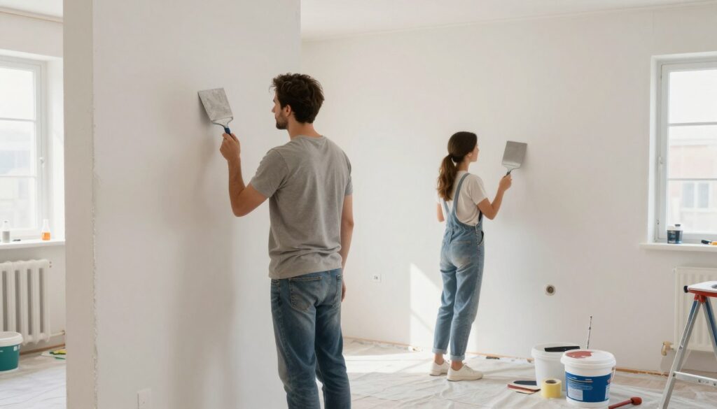 A well-lit interior room prepared for wall smoothing, showcasing a clean and organized workspace. In the foreground, a professional male and female painter, both dressed in modest work attire, are carefully examining the wall surface for blemishes. The middle ground features various tools neatly arranged: a putty knife, sandpaper, a bucket of primer, and a roll of masking tape. The background includes a partially painted wall, a drop cloth spread on the floor, and natural light streaming in from a window, creating a welcoming atmosphere. The focus is on the preparation phase, emphasizing attention to detail and cleanliness in the renovation process. A well-lit interior room prepared for wall smoothing, showcasing a clean and organized workspace. In the foreground, a professional male and female painter, both dressed in modest work attire, are carefully examining the wall surface for blemishes. The middle ground features various tools neatly arranged: a putty knife, sandpaper, a bucket of primer, and a roll of masking tape. The background includes a partially painted wall, a drop cloth spread on the floor, and natural light streaming in from a window, creating a welcoming atmosphere. The focus is on the preparation phase, emphasizing attention to detail and cleanliness in the renovation process.