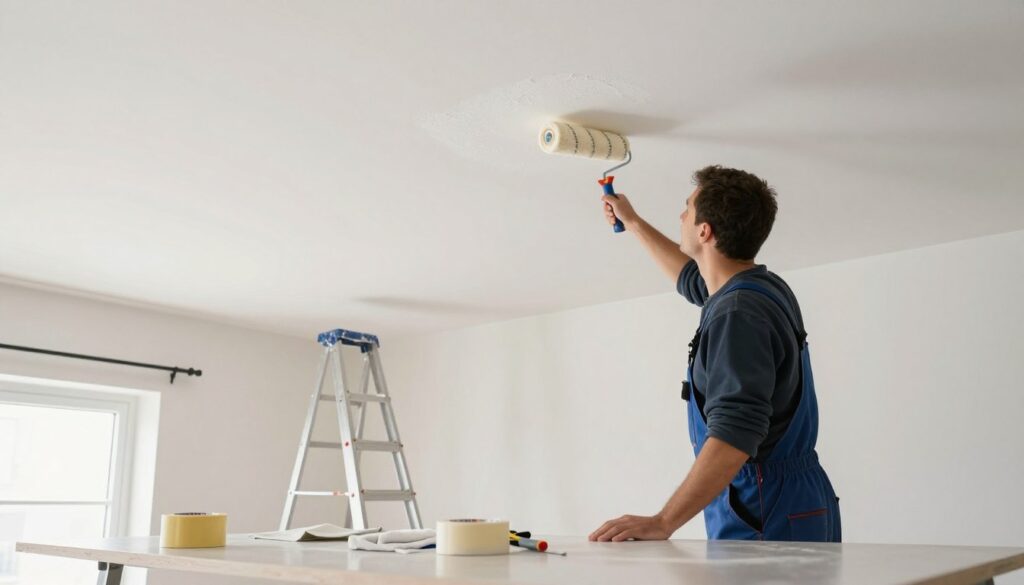 A well-lit interior scene depicting the preparation of a ceiling for painting. In the foreground, a professional in smart casual clothing is using a roller on a smooth surface, focusing on filling gaps and smoothing imperfections. The middle ground features tools such as a ladder, painter's tape, and drop cloths neatly arranged, emphasizing an organized workspace. In the background, a clean, white ceiling contrasts with soft natural lighting from a window, casting gentle shadows that add depth to the image. The overall atmosphere conveys a sense of readiness and professionalism, highlighting the importance of thorough preparation before painting. The scene should be vibrant yet calm, suggesting a productive and focused environment for DIY improvements.