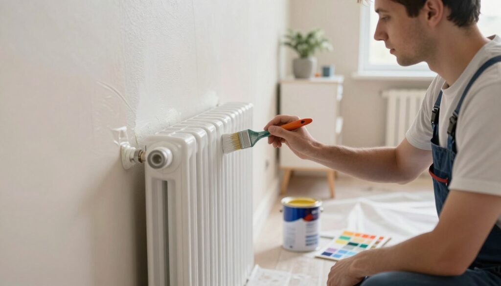 A well-lit interior scene featuring a partially painted radiator against a textured wall, showcasing the process of painting without removing it. In the foreground, a person in professional attire, wearing protective gear, is carefully applying paint to the radiator with a brush, their focused expression reflecting diligence. There are protective sheets and painter's tape neatly covering the surrounding wall and floor to prevent paint splatters. In the middle ground, bright paint cans are placed next to the painter, with color swatches visible. The background consists of a well-organized room with subtle home décor, soft natural light filtering in through a window, creating a warm and inviting atmosphere.