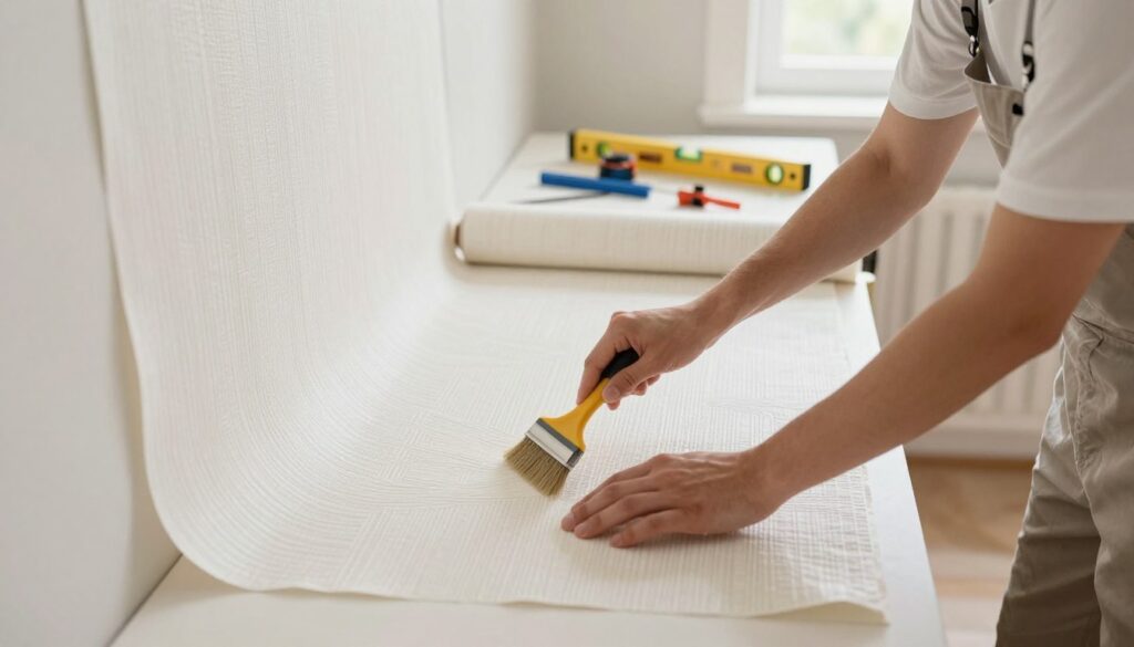 A well-lit interior scene showcasing the process of applying vinyl wallpaper that mimics fabric on a clean, prepared wall. In the foreground, a focused view of a professional wearing a modest outfit, diligently applying adhesive to a section of the wall with a brush, highlighting the texture of the wallpaper. In the middle, a roll of un-peeled vinyl wallpaper lies open beside the professional, showcasing its elegant, textile-like pattern. The background features a neatly organized workspace with tools like a wallpaper smoother, level, and a measuring tape, along with a faint glimpse of a window allowing soft natural light to illuminate the space. The mood conveys a sense of elegance and professionalism, suggesting practical guidance for viewers interested in home decor.