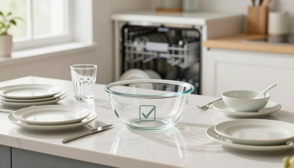 A well-lit kitchen countertop featuring a variety of dishes, including plates, glasses, and utensils, arranged neatly with a dishwasher in the background. The focus is on a clear glass bowl labeled with a checkmark symbol, indicating that it is dishwasher safe. The lighting is bright and inviting, creating a cheerful atmosphere, with natural light streaming in through a nearby window. Soft reflections on the polished surface add depth to the image. In the background, a modern dishwasher is visible, showcasing its interior filled with sparkling clean dishes. The scene is composed from an eye-level perspective, emphasizing clarity and cleanliness, with a warm color palette that conveys a sense of home and efficiency.