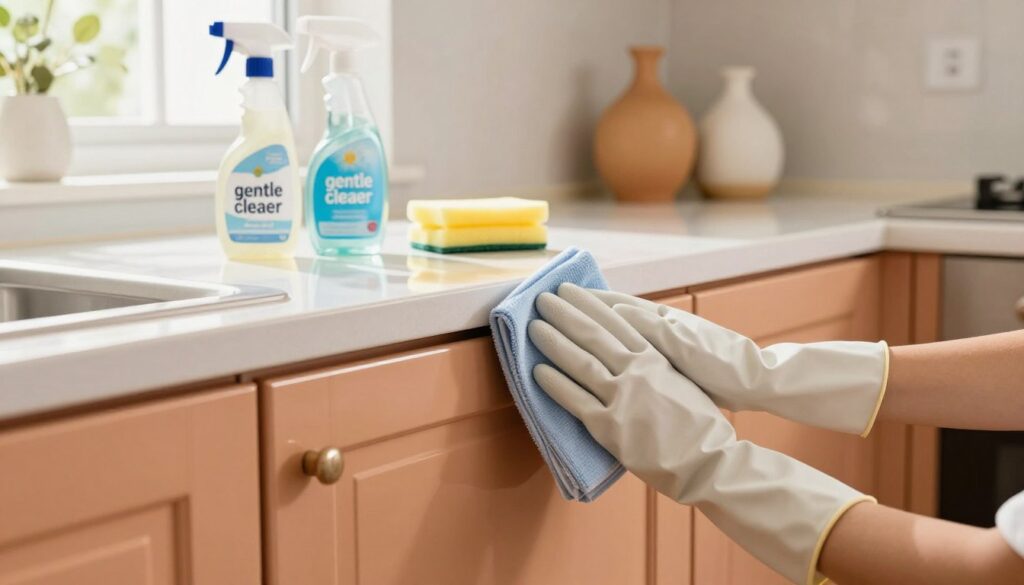 A well-lit kitchen demonstrating the process of cleaning glossy lacquered kitchen cabinets. In the foreground, a pair of hands wearing soft, protective gloves gently wipes down a pristine, shiny cabinet door with a microfiber cloth, showcasing attention to detail. The mid-ground features a modern kitchen environment, with elegant cabinetry, a subtle reflection on the lacquer, and a set of cleaning supplies, such as a spray bottle labeled "gentle cleaner" and a sponge, arranged neatly on a counter. The background consists of warm, welcoming kitchen decor, including ceramic vases and natural sunlight streaming through a window, creating an inviting and clean atmosphere. The overall mood is serene and organized, emphasizing the care needed to maintain the cabinet's finish without damage. Opulent soft lighting enhances the vibrant colors of the setting, making it visually appealing.