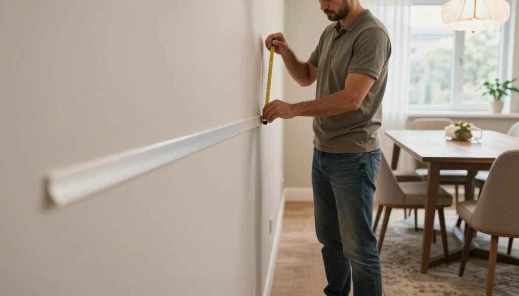 A well-lit, modern dining room showcasing the installation of a wall protector for chairs. In the foreground, a close-up of a wall being securely mounted with a sleek, discreet protective strip that blends seamlessly into the wall's finish. In the middle, a professional-looking contractor in modest casual attire carefully aligns the protective strip with a measuring tool, demonstrating precision and attention to detail. The background features elegant dining furniture, with a stylish table and chairs, emphasizing the importance of aesthetics in functional design. Soft, natural lighting filters through a nearby window, creating a warm and inviting atmosphere, ideal for a family setting.