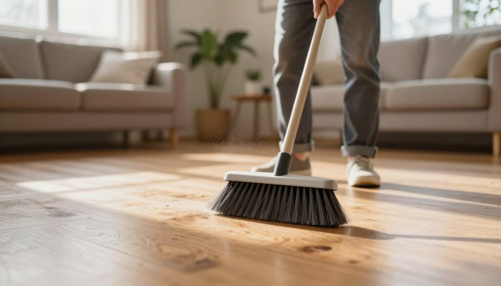 A well-lit wooden floor preparation scene for cleaning, showcasing a professional in modest casual attire gently sweeping the floor with a soft-bristled broom. The foreground features a close-up on the broom, capturing fine details of bristles moving across the polished wood surface. In the middle, the professional is focused and attentive, ensuring no debris is left behind, with dust particles subtly illuminated by warm, natural light streaming in from a nearby window. The background illustrates a cozy, inviting room with soft furnishings and plants, conveying an atmosphere of care and cleanliness. The overall mood is serene and organized, emphasizing the importance of proper preparation before cleaning wooden floors. A well-lit wooden floor preparation scene for cleaning, showcasing a professional in modest casual attire gently sweeping the floor with a soft-bristled broom. The foreground features a close-up on the broom, capturing fine details of bristles moving across the polished wood surface. In the middle, the professional is focused and attentive, ensuring no debris is left behind, with dust particles subtly illuminated by warm, natural light streaming in from a nearby window. The background illustrates a cozy, inviting room with soft furnishings and plants, conveying an atmosphere of care and cleanliness. The overall mood is serene and organized, emphasizing the importance of proper preparation before cleaning wooden floors.