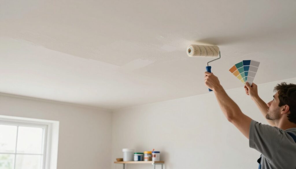 A well-maintained ceiling in a bright, airy room, showcasing different surface conditions and textures for evaluation. In the foreground, a close-up view of the ceiling, highlighting areas with smooth paint, slight imperfections, and spots requiring repair. In the middle ground, a person in professional casual attire inspecting the ceiling with a paint roller and color swatches, focusing on the best approach for painting. The background features a clean, organized workspace with painting tools and supplies, bathed in natural light from a nearby window. The atmosphere is calm and professional, ideal for assessing the ceiling's condition before painting. Emphasize clarity and detail in the textures and lighting, capturing the essence of preparation and planning.