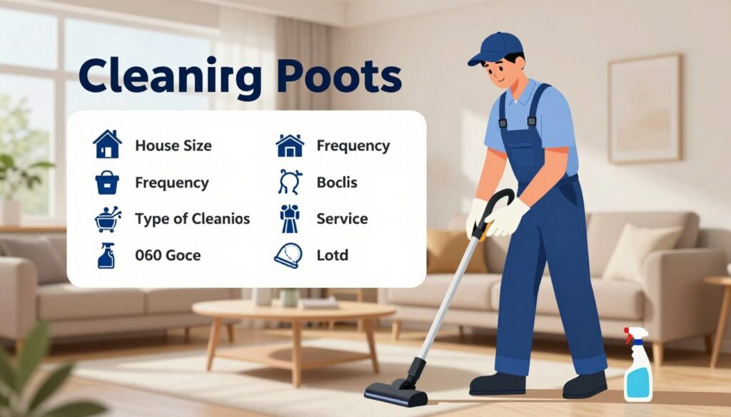 A well-organized and visually striking illustration representing the key factors influencing house cleaning costs. In the foreground, a professional cleaner in modest and professional attire meticulously cleans a living room with modern furniture, showcasing practical cleaning tools like a vacuum and spray bottles. In the middle, a detailed infographic-style depiction outlines various factors affecting cleaning prices, such as house size, frequency, type of cleaning service, and location, with icons for each category. In the background, a cozy home environment with natural lighting streaming through a window creates an inviting atmosphere. The angle captures both the cleaner and the infographic, emphasizing the relationship between the cleaning process and cost variables. The mood is professional yet approachable, suitable for an informative article on home cleaning services.