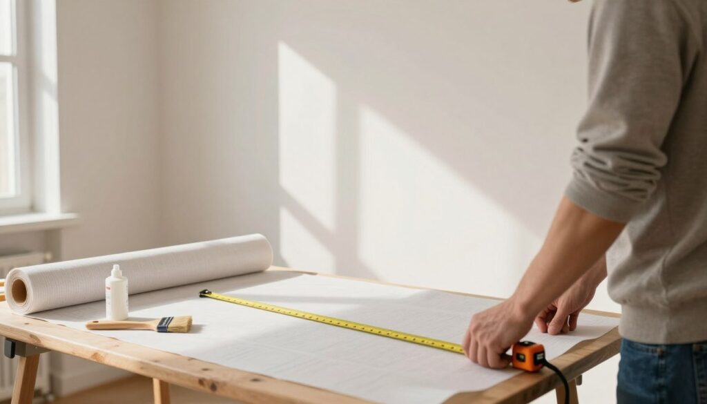 A well-organized interior room setup for wallpaper installation, featuring a clean, bright space with warm lighting. In the foreground, a professional, casually dressed individual carefully measuring and planning wallpaper placement with tools like a measuring tape and level. In the middle, partially rolled wallpaper lies on a worktable, alongside an adhesive paste and a brush, illustrating the preparation stage. The background showcases a neatly painted wall, devoid of any decor, emphasizing the importance of a stress-free environment. Soft shadows are cast from natural light filtering through a window, creating a calm and focused atmosphere. The scene conveys a sense of readiness and attention to detail, encouraging viewers to visualize a successful wallpaper application process.
