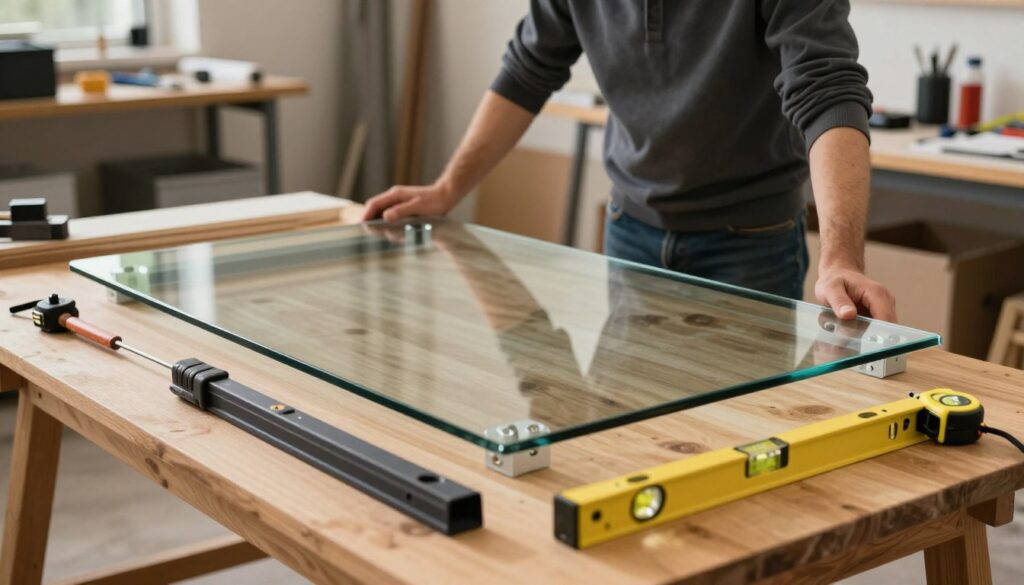 A well-organized workshop scene focused on preparing a sturdy base for a glass tabletop installation. In the foreground, a wooden table is positioned with a partially assembled glass surface ready for mounting. Tools like a level, measuring tape, and clamps are neatly arranged around it. In the middle, a professional in modest casual clothing carefully inspects the table’s surface, ensuring it’s clean and free of dust. The background features shelves with various equipment and supplies, illuminated by soft, warm lighting to create a focused, calm atmosphere. The angle captures a close-up view that emphasizes precision and attention to detail, conveying a sense of safety and professionalism in the installation process.