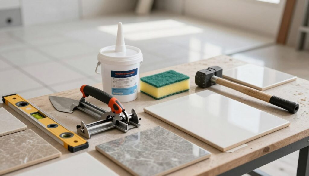 A well-organized workspace featuring essential tile installation tools and materials. In the foreground, display a high-quality tile cutter, a notched trowel, and a precision leveling string along with various size ceramic tiles, all neatly arranged on a work table. In the middle, include a bucket of adhesive, a sponge, and a rubber mallet, emphasizing their utility. The background should showcase a partially tiled floor with a focus on the sleek, shiny surface reflecting ambient light. Soft, natural lighting illuminates the scene, creating an inviting and productive atmosphere. The angle should be a slightly elevated view that captures the entirety of the workspace, conveying a sense of readiness and professionalism for the task at hand. A well-organized workspace featuring essential tile installation tools and materials. In the foreground, display a high-quality tile cutter, a notched trowel, and a precision leveling string along with various size ceramic tiles, all neatly arranged on a work table. In the middle, include a bucket of adhesive, a sponge, and a rubber mallet, emphasizing their utility. The background should showcase a partially tiled floor with a focus on the sleek, shiny surface reflecting ambient light. Soft, natural lighting illuminates the scene, creating an inviting and productive atmosphere. The angle should be a slightly elevated view that captures the entirety of the workspace, conveying a sense of readiness and professionalism for the task at hand.