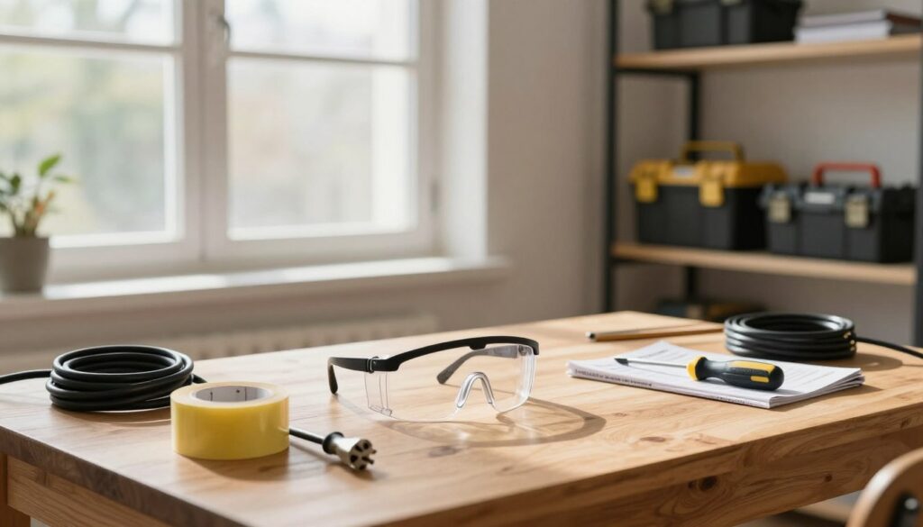 A well-organized workspace in a bright and inviting room, focusing on safety preparations for a DIY project. In the foreground, a sturdy wooden table displays essential tools such as a pair of safety goggles, a roll of tape, a screwdriver, and a manual. A power cord is visibly unplugged, emphasizing the theme of safety and disconnection. In the middle, a large, open window lets in natural light, illuminating the workspace while casting soft shadows. The background shows neatly arranged shelves filled with toolboxes and manuals, adding to the atmosphere of preparedness. The overall mood is calm and focused, encouraging a safe and efficient working environment.