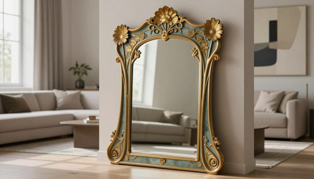 An Art Nouveau mirror, prominently featured in the foreground, showcases intricate floral and organic designs in gilded accents. The mirror is elegantly framed, with flowing lines and delicate carvings that embody the essence of the Secessionist style. In the middle ground, a modern living room setting is depicted, featuring minimalist furniture in neutral tones, creating a harmonious blend with the mirror. Soft natural light filters through a large window, casting gentle shadows and illuminating the mirror’s reflective surface. In the background, abstract art pieces enhance the contemporary atmosphere without overwhelming the scene. The overall mood is serene and sophisticated, emphasizing the seamless integration of historical elegance and modern aesthetics, creating a stylish focal point. No text, logos, or watermarks present. An Art Nouveau mirror, prominently featured in the foreground, showcases intricate floral and organic designs in gilded accents. The mirror is elegantly framed, with flowing lines and delicate carvings that embody the essence of the Secessionist style. In the middle ground, a modern living room setting is depicted, featuring minimalist furniture in neutral tones, creating a harmonious blend with the mirror. Soft natural light filters through a large window, casting gentle shadows and illuminating the mirror’s reflective surface. In the background, abstract art pieces enhance the contemporary atmosphere without overwhelming the scene. The overall mood is serene and sophisticated, emphasizing the seamless integration of historical elegance and modern aesthetics, creating a stylish focal point. No text, logos, or watermarks present.