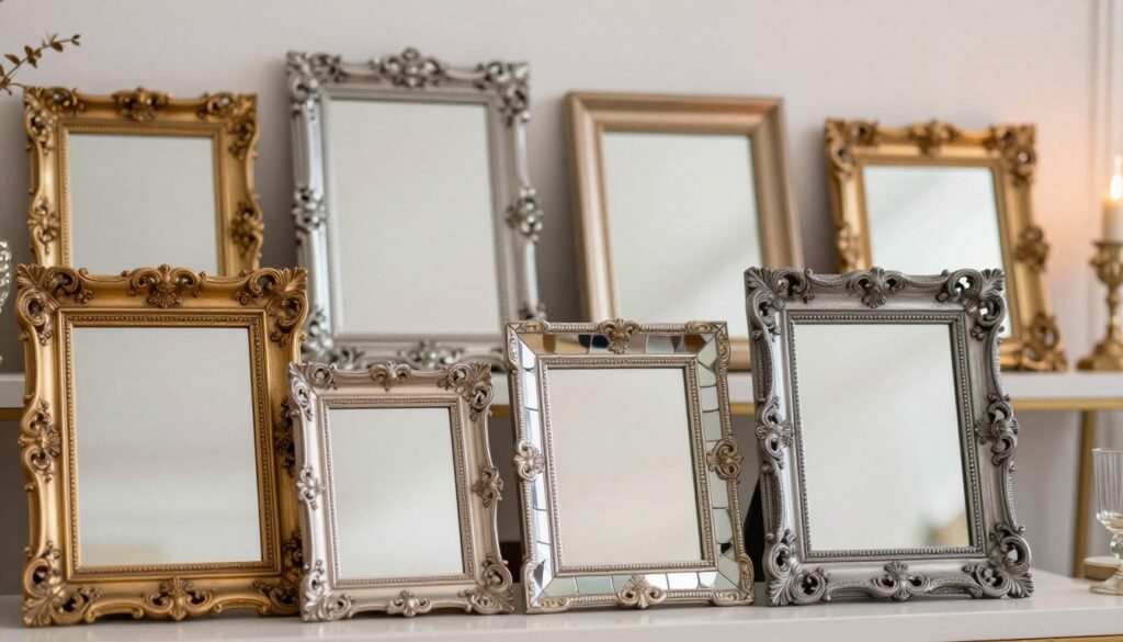 An elegant display of glamour mirror frames featuring a variety of luxurious materials, including gold, silver, champagne, graphite, chrome, and mirrored mosaic. The foreground showcases intricately designed frames arranged artistically, capturing their unique textures and finishes. In the middle ground, a soft focus blurs additional frames, introducing a sense of depth and diversity in styles. The background features a subtle gradient, hinting at a lavish interior setting. Soft, ambient lighting enhances the richness of the colors and finishes, while gentle reflections off the mirrored surfaces create a sophisticated atmosphere. The overall mood is opulent and inviting, perfect for those seeking inspiration for glamourous decor.