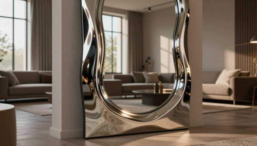 An elegant, modern interior showcasing a lustro ryflowane (grooved mirror). In the foreground, the mirror's intricate, flowing patterns reflect soft, ambient light that creates a sense of depth and sophistication. The middle ground features a stylish room with contemporary furniture, such as a sleek sofa and minimalistic decor, enhancing the modern aesthetic. In the background, large windows let in natural light, casting gentle shadows that play across the space. The atmosphere is serene and inviting, with a color palette of muted earth tones and subtle metallics, evoking a sense of warmth and tranquility. The overall composition emphasizes the mirror's unique structure and its ability to enhance interior design. An elegant, modern interior showcasing a lustro ryflowane (grooved mirror). In the foreground, the mirror's intricate, flowing patterns reflect soft, ambient light that creates a sense of depth and sophistication. The middle ground features a stylish room with contemporary furniture, such as a sleek sofa and minimalistic decor, enhancing the modern aesthetic. In the background, large windows let in natural light, casting gentle shadows that play across the space. The atmosphere is serene and inviting, with a color palette of muted earth tones and subtle metallics, evoking a sense of warmth and tranquility. The overall composition emphasizes the mirror's unique structure and its ability to enhance interior design.