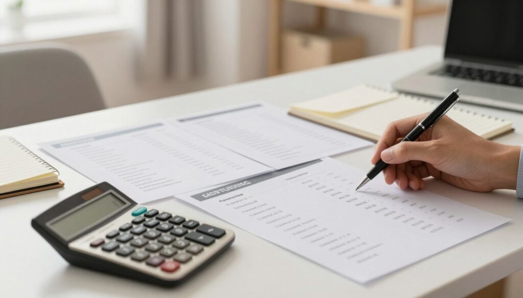 An elegant office environment with a modern desk covered in paperwork related to cleaning service pricing. In the foreground, a neatly arranged calculator, notepad, and a pen emphasized as if someone is calculating cleaning rates based on time or area. In the middle ground, diverse documents showcasing various pricing strategies like hourly rates, per square meter calculations, and flat fee structures. Soft, warm lighting creates a professional yet inviting atmosphere, highlighting the details on the paperwork. In the background, a blurred image of a bright and tidy home interior, suggesting the end result of the cleaning services discussed. The mood is focused and analytical, ideal for exploring service pricing methods in the cleaning industry.