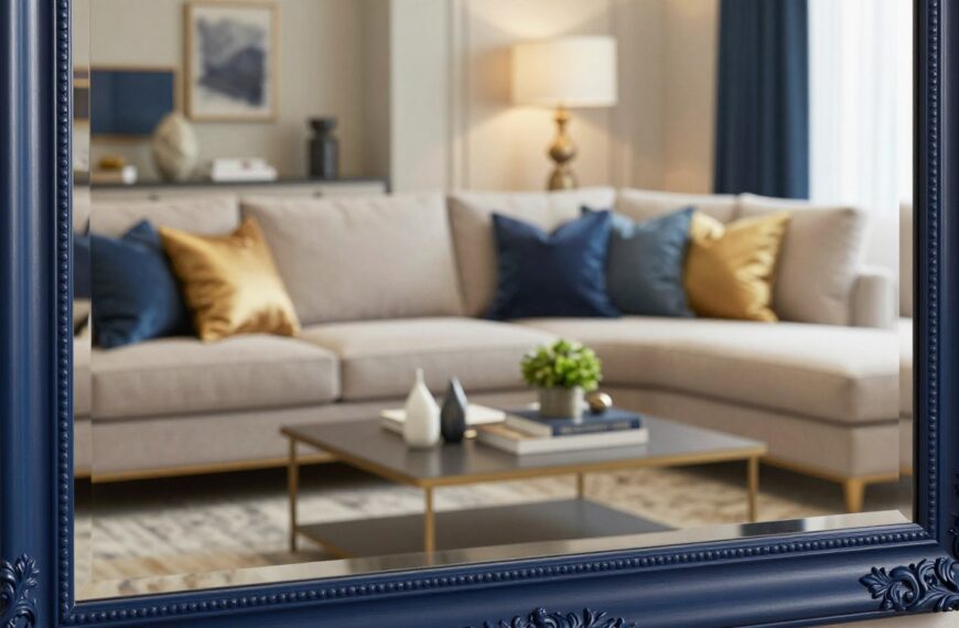 Lustro w granatowej ramie – stylowe połączenia kolorów i dodatków