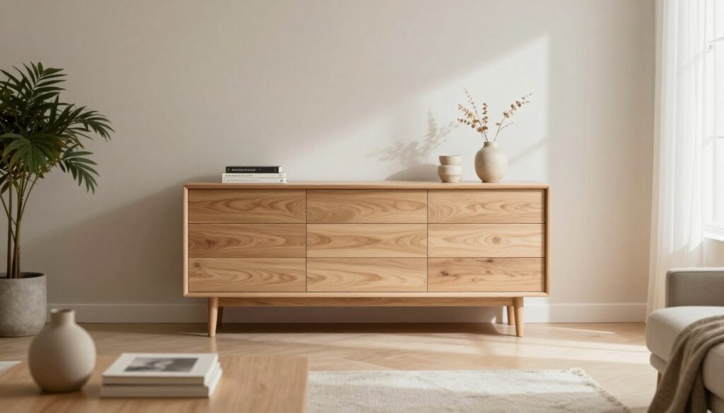 A Scandinavian-inspired living room featuring a modern komoda (chest of drawers) elegantly positioned in the center. The komoda should have clean lines, a light wood finish, and minimalistic design, emphasizing functional storage. In the foreground, place decorative elements like a potted plant and a few artfully arranged books on top. The middle ground would portray the komoda against a backdrop of a softly lit, inviting room with neutral-colored walls and gentle natural light streaming through a nearby window. The atmosphere should be calm and serene, evoking the simplicity of Scandinavian minimalism. Use a wide-angle lens effect to enhance the spacious feel of the room, capturing the harmonious balance between beauty and utility in furniture design.