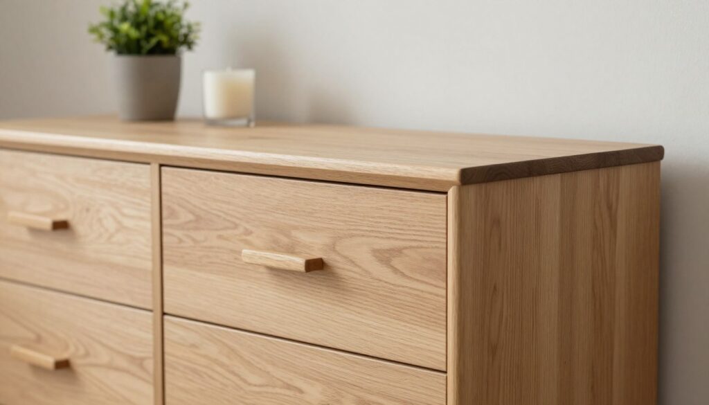 A Scandinavian-style commode designed with clean lines and minimalistic features, showcasing natural wood textures and a light finish. In the foreground, the commode is elegantly styled with decorative objects such as a small potted plant and a candle, emphasizing a blend of classic and minimalist aesthetics. The middle ground includes soft lighting that highlights the warm wood tones, casting gentle shadows. In the background, a subtle, neutral-colored wall complements the overall design without distractions. The atmosphere conveys tranquility and sophistication, reflecting the fusion of classic elegance with Scandinavian simplicity. Shot in a close-up angle to emphasize details, such as the smooth drawer handles and the grain of the wood, capturing the harmonious balance between style and functionality. A Scandinavian-style commode designed with clean lines and minimalistic features, showcasing natural wood textures and a light finish. In the foreground, the commode is elegantly styled with decorative objects such as a small potted plant and a candle, emphasizing a blend of classic and minimalist aesthetics. The middle ground includes soft lighting that highlights the warm wood tones, casting gentle shadows. In the background, a subtle, neutral-colored wall complements the overall design without distractions. The atmosphere conveys tranquility and sophistication, reflecting the fusion of classic elegance with Scandinavian simplicity. Shot in a close-up angle to emphasize details, such as the smooth drawer handles and the grain of the wood, capturing the harmonious balance between style and functionality.