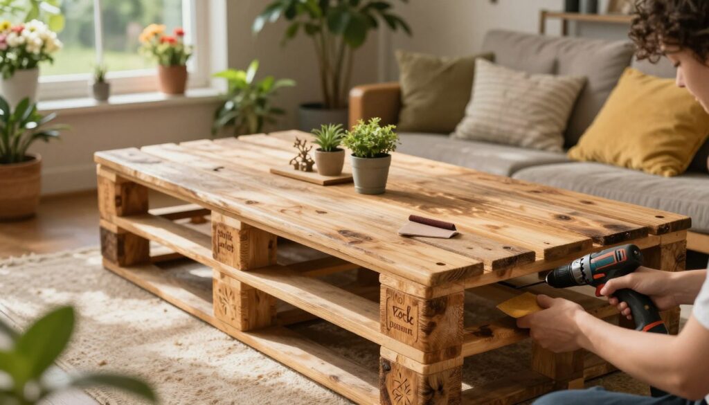 A beautiful, rustic "stolik palet" made from repurposed wooden pallets. The table, elegantly weathered, showcases natural wood grain and a polished finish, adorned with small potted plants and a decorative centerpiece. In the foreground, a pair of hands skillfully assembling the table, showcasing tools like a drill and sandpaper, emphasizing the DIY aspect. The middle ground features the completed table set in a cozy, sunlit garden or living room, surrounded by comfortable seating, vibrant greenery, or cheerful floral decor. Soft, warm lighting streams in through a nearby window or filters through tree branches, creating an inviting atmosphere. The angle captures the craftsmanship and practicality of the table, inspiring viewers to envision making their own version for home or garden use.