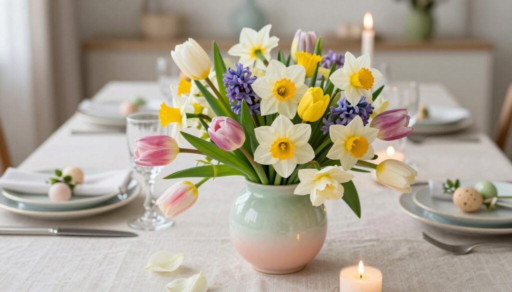 A beautifully arranged Easter table centerpiece featuring a vibrant bouquet of fresh spring flowers, including tulips, daffodils, and hyacinths, in a chic, pastel-colored vase. The foreground showcases delicate petals and vibrant greens that contrast with a neutral, textured tablecloth. In the middle ground, elegant dinnerware is set, with softly glowing candles, enhancing a warm and inviting atmosphere. The background subtly includes hints of an an Easter-themed decoration, like painted eggs nestled in greenery, blurring softly to focus on the floral centerpiece. Utilize soft, natural lighting to create a fresh and airy feel, captured from a slightly elevated angle to highlight the arrangement. The mood is peaceful and sophisticated, embodying the essence of spring celebration without excess. A beautifully arranged Easter table centerpiece featuring a vibrant bouquet of fresh spring flowers, including tulips, daffodils, and hyacinths, in a chic, pastel-colored vase. The foreground showcases delicate petals and vibrant greens that contrast with a neutral, textured tablecloth. In the middle ground, elegant dinnerware is set, with softly glowing candles, enhancing a warm and inviting atmosphere. The background subtly includes hints of an an Easter-themed decoration, like painted eggs nestled in greenery, blurring softly to focus on the floral centerpiece. Utilize soft, natural lighting to create a fresh and airy feel, captured from a slightly elevated angle to highlight the arrangement. The mood is peaceful and sophisticated, embodying the essence of spring celebration without excess.